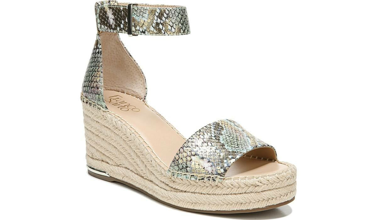 Franco Sarto Franco Clemens Espadrille Wedge Sandal Green Snake Print Faux Leather